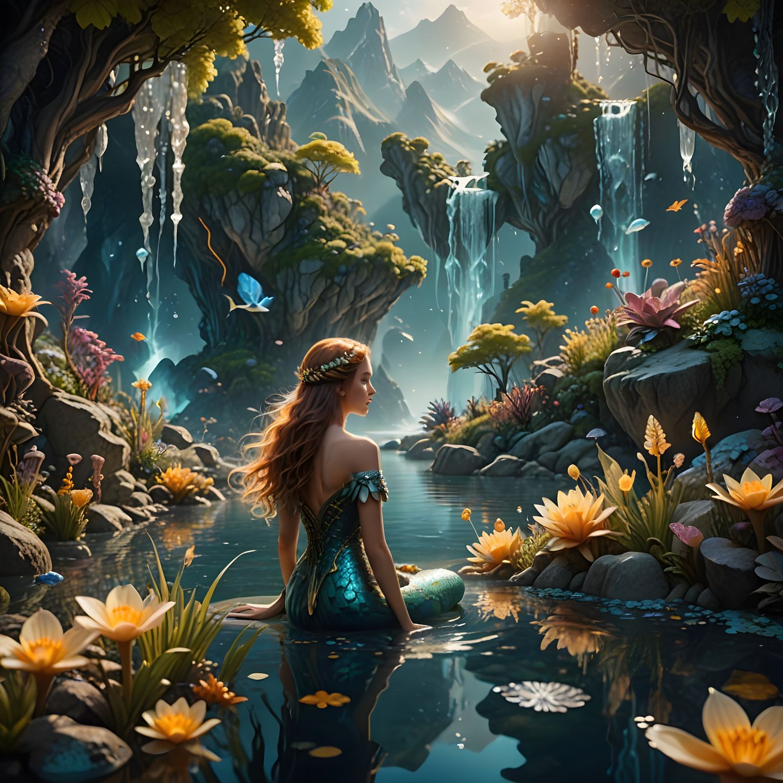 Breathtaking surreal landscape with floating crystal mountains, golden rivers flowing upwards, bright glowing plants, en...