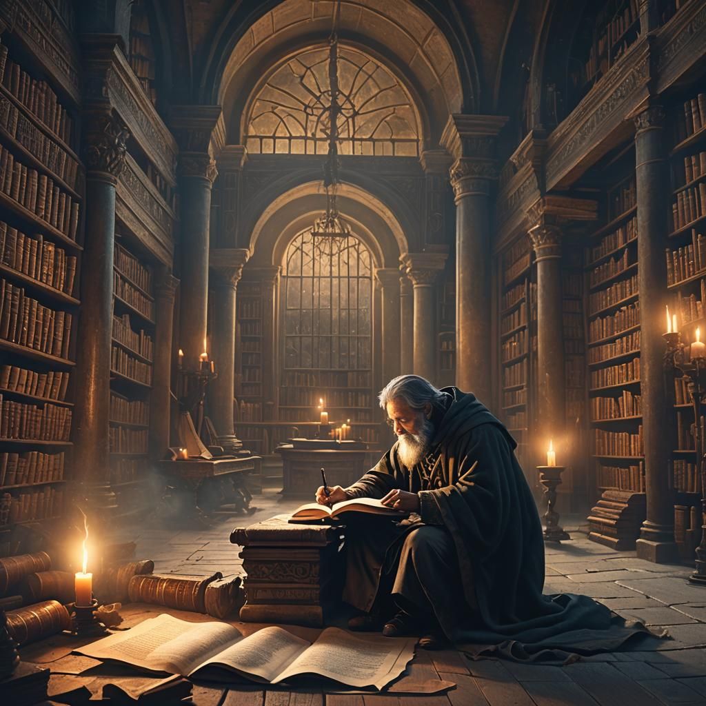 Scholar Reading Scroll by Candlelight: Cinematic Digital Pai...