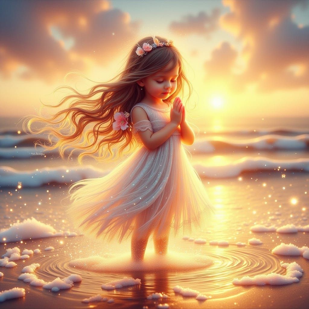 Angelic Girl Praying on Beach at Sunset Watercolor