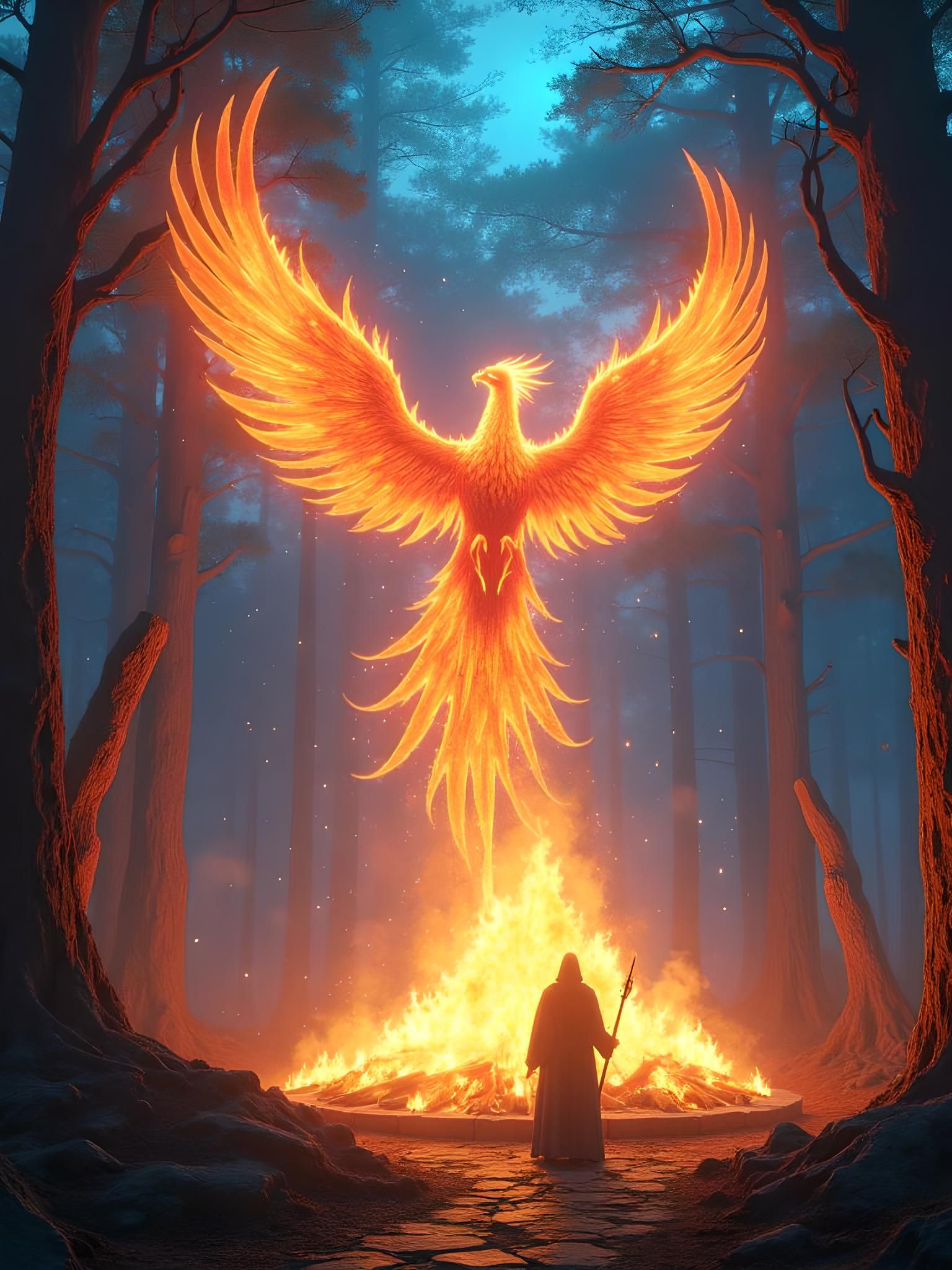 Enchanted Forest Bonfire with Wizard and Runes