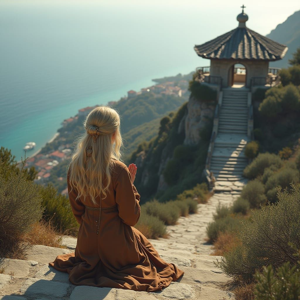 Woman in Prayer on Hilltop Shrine