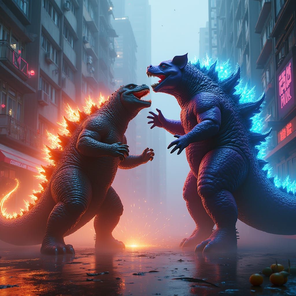 Godzilla Battles CyberPig in Neon Hong Kong