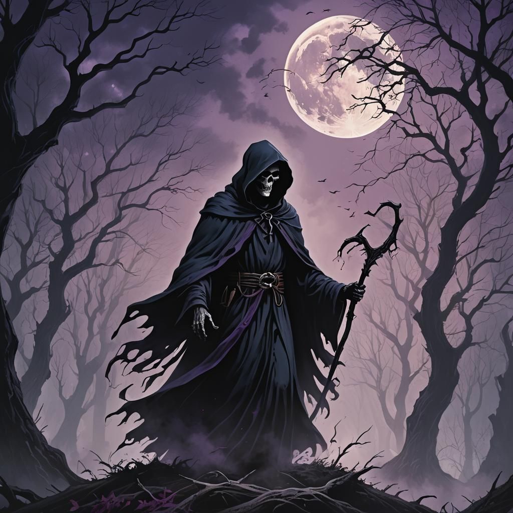 Grim Reaper Guides Spirits in Misty Forest
