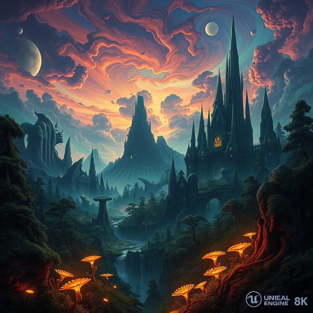 Mystical Forest Landscape with Spires in Matte Painting Styl...