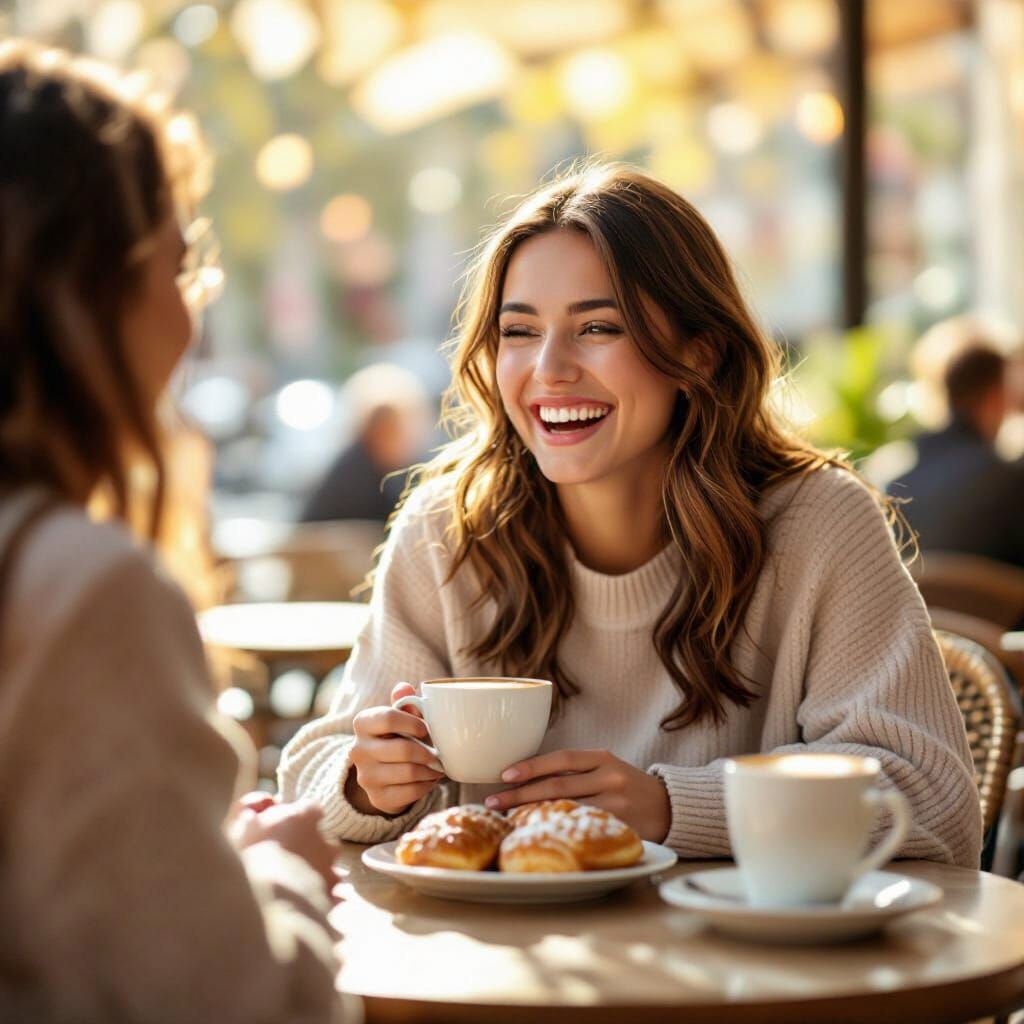 Friends Laughing Over Coffee at Sunny Cafe