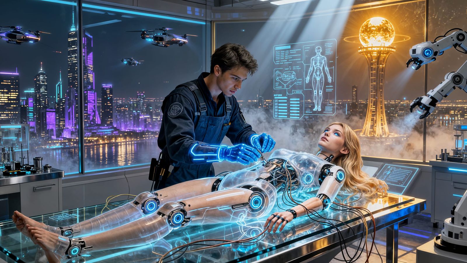 Futuristic Android Repair Lab with Empathetic Technician