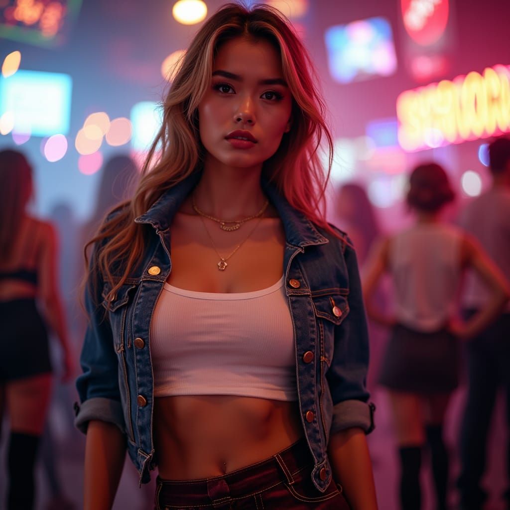 Radiant Woman in Denim: Hyperrealistic Club Portrait