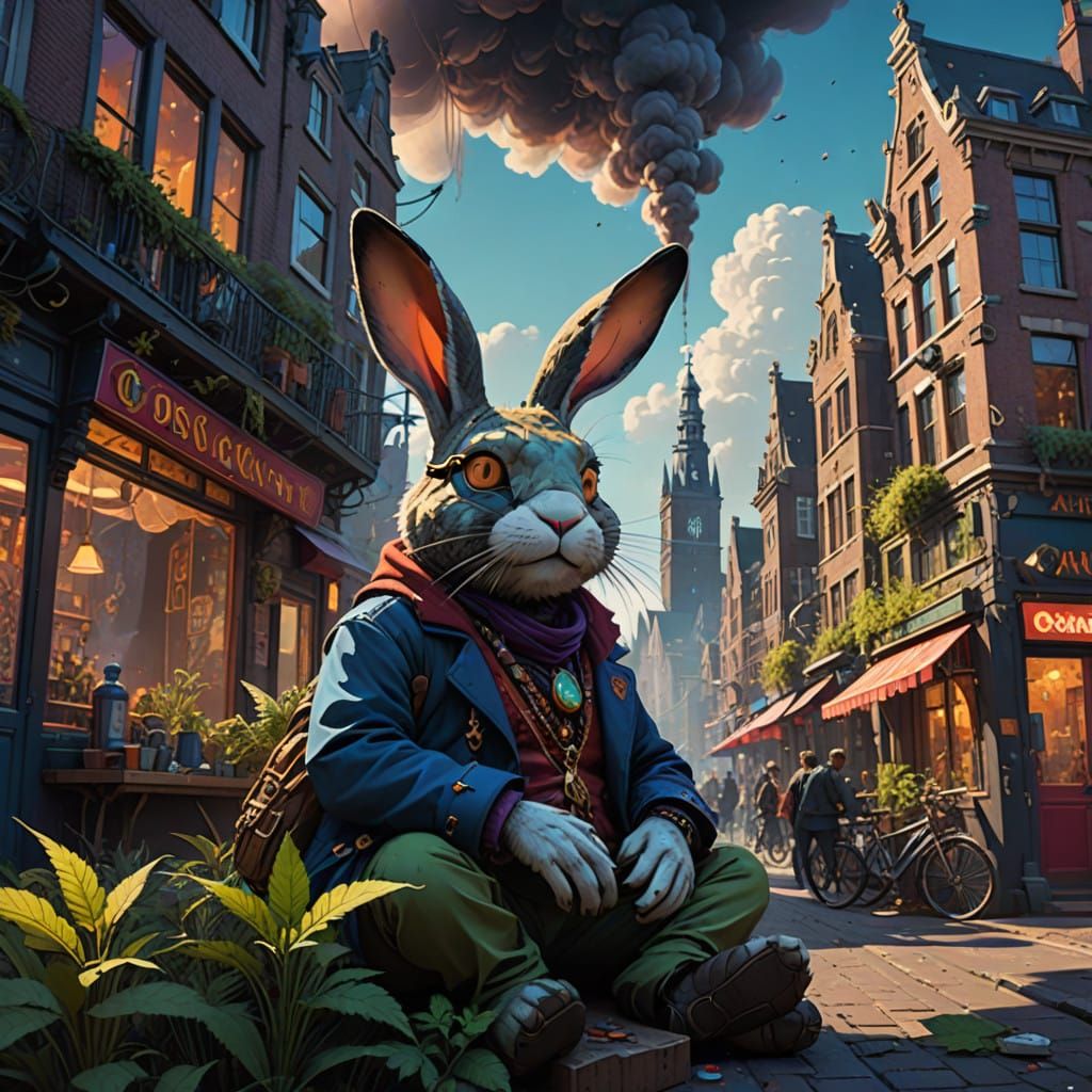 Dreamy Amsterdam Streetscape with Laid-Back Rabbit and Cool....