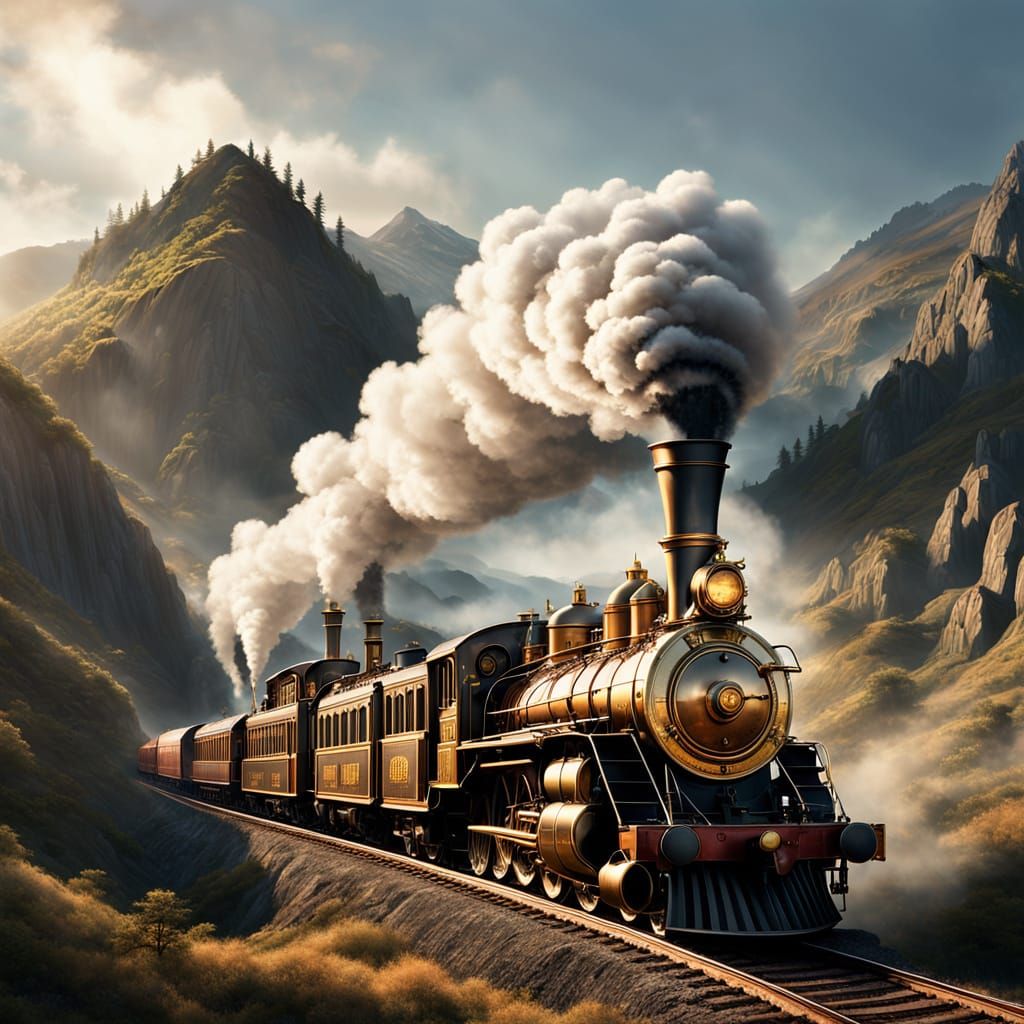 Steampunk Train Journey Through Misty Mountains