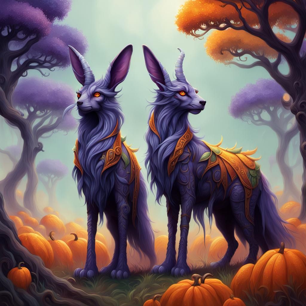 Whimsical Creatures in Foggy Field: Fantasy Painting