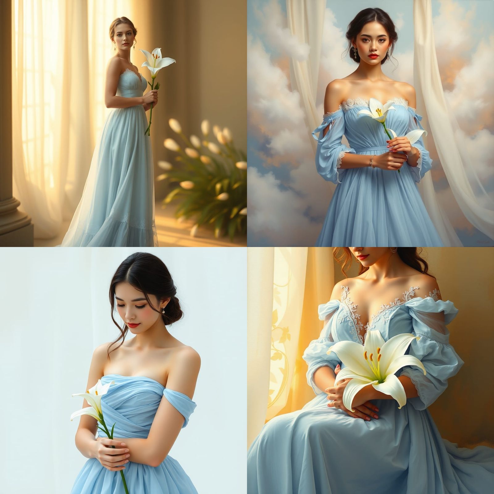 Woman in Blue Dress with Lily, Gouache Style