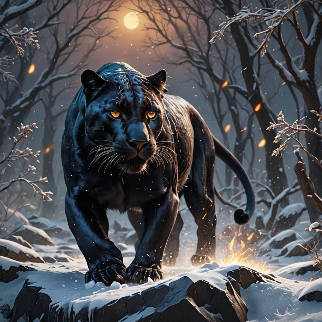 Stunning Dark Panther in a Magical Winter Night