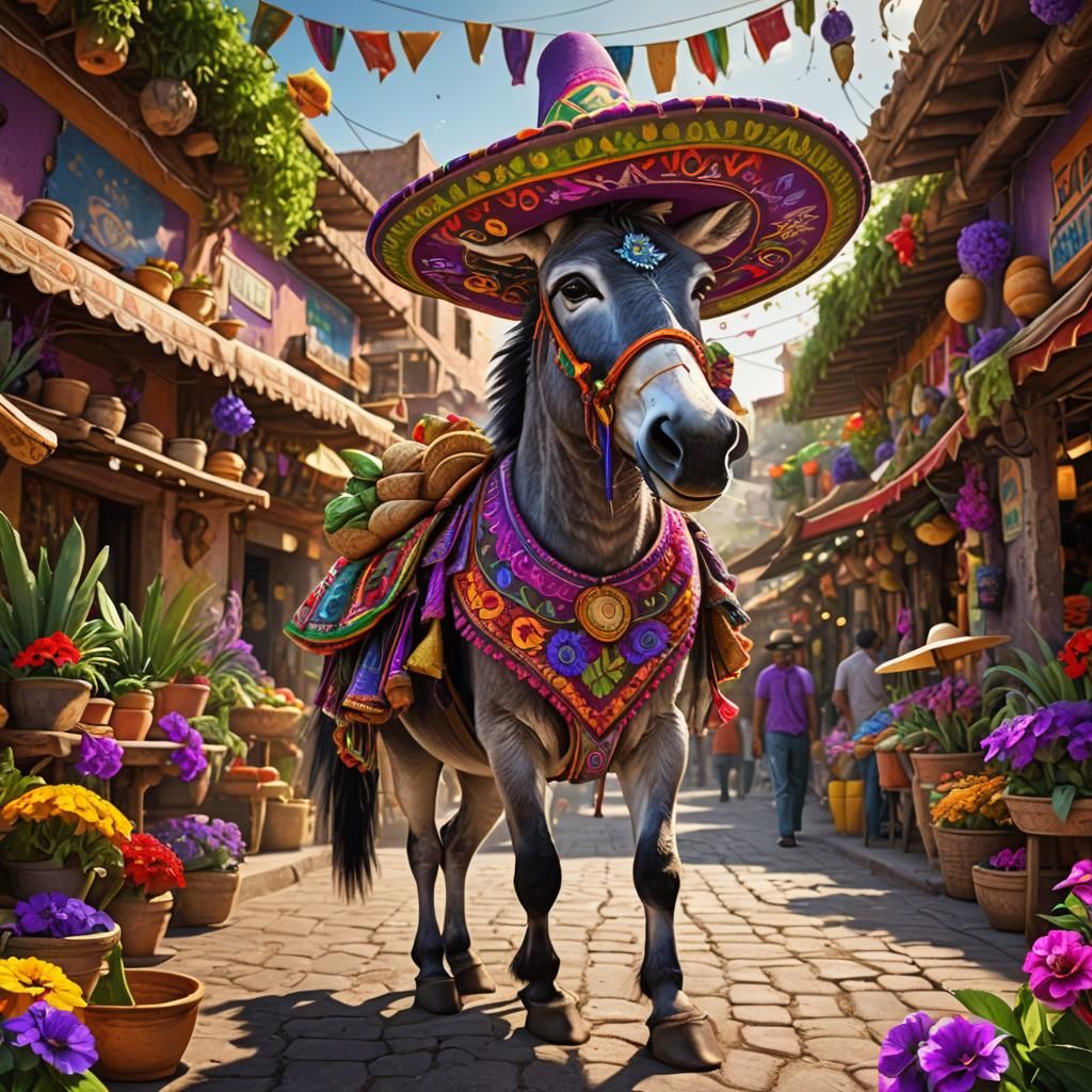 Donkey with Sombrero in Mexican Marketplace