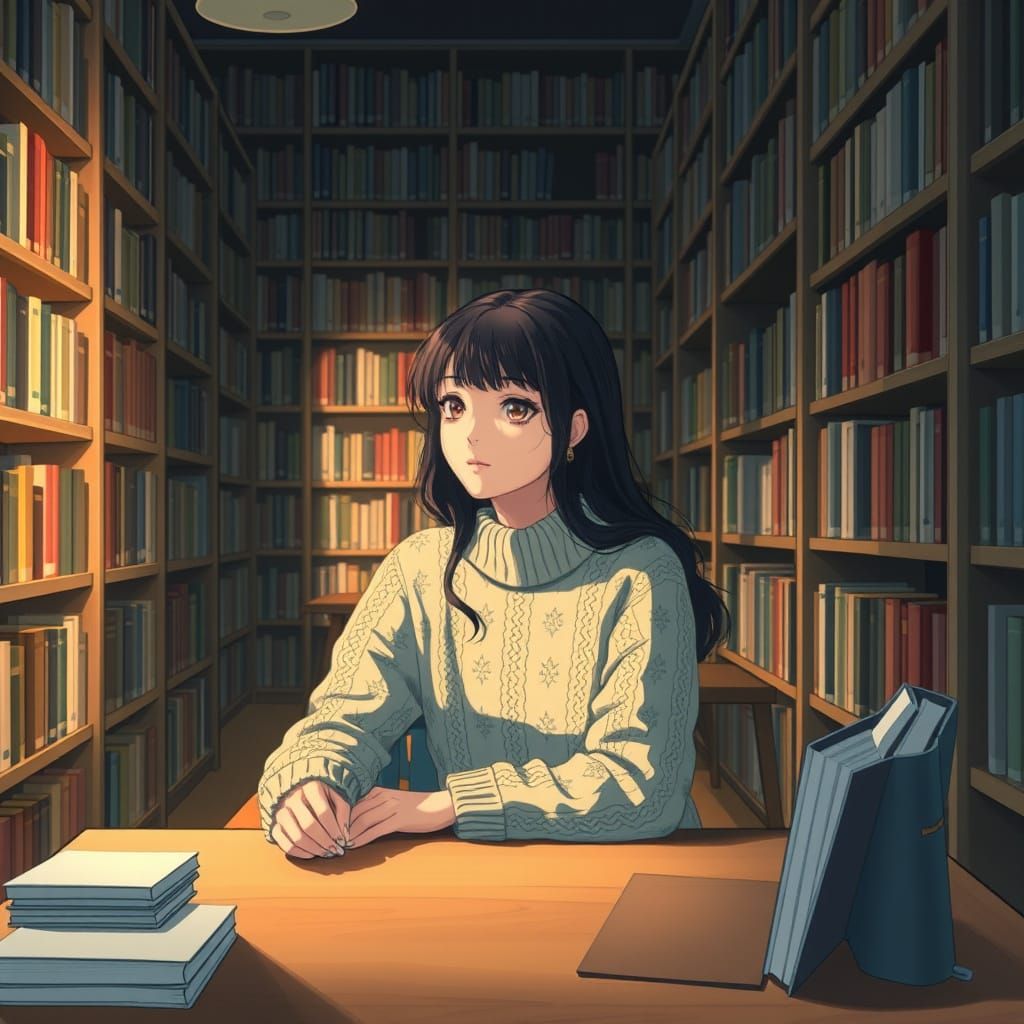 Cozy Woman Reading in Library, Shinkai Style
