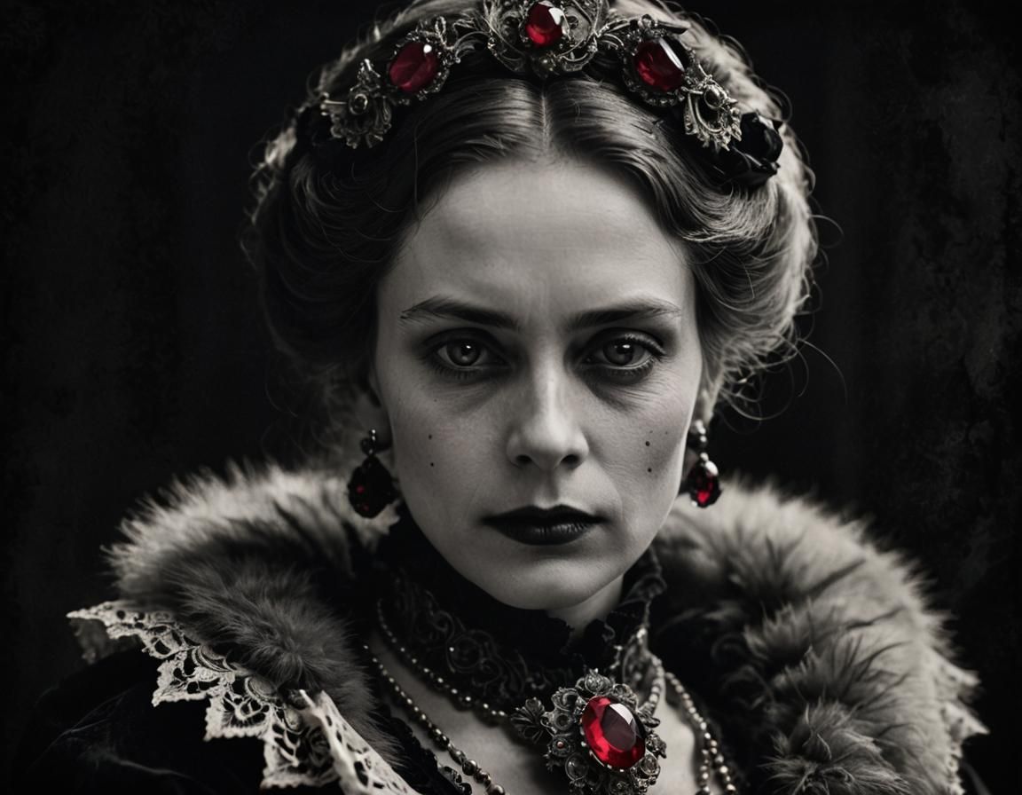 Eerie Victorian Portrait of Noblewoman with Ruby Brooch