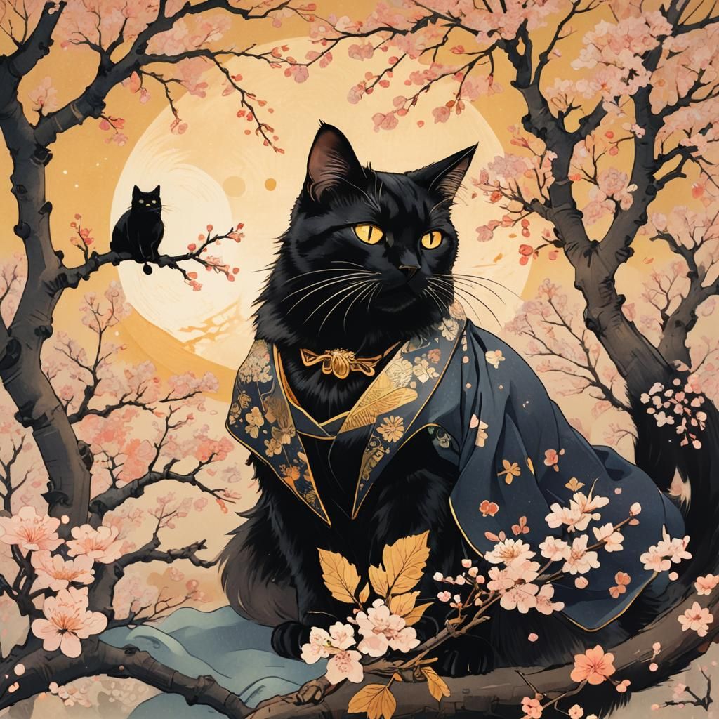 Black Cat Wizard Casting Spell in Ukiyo-e Style