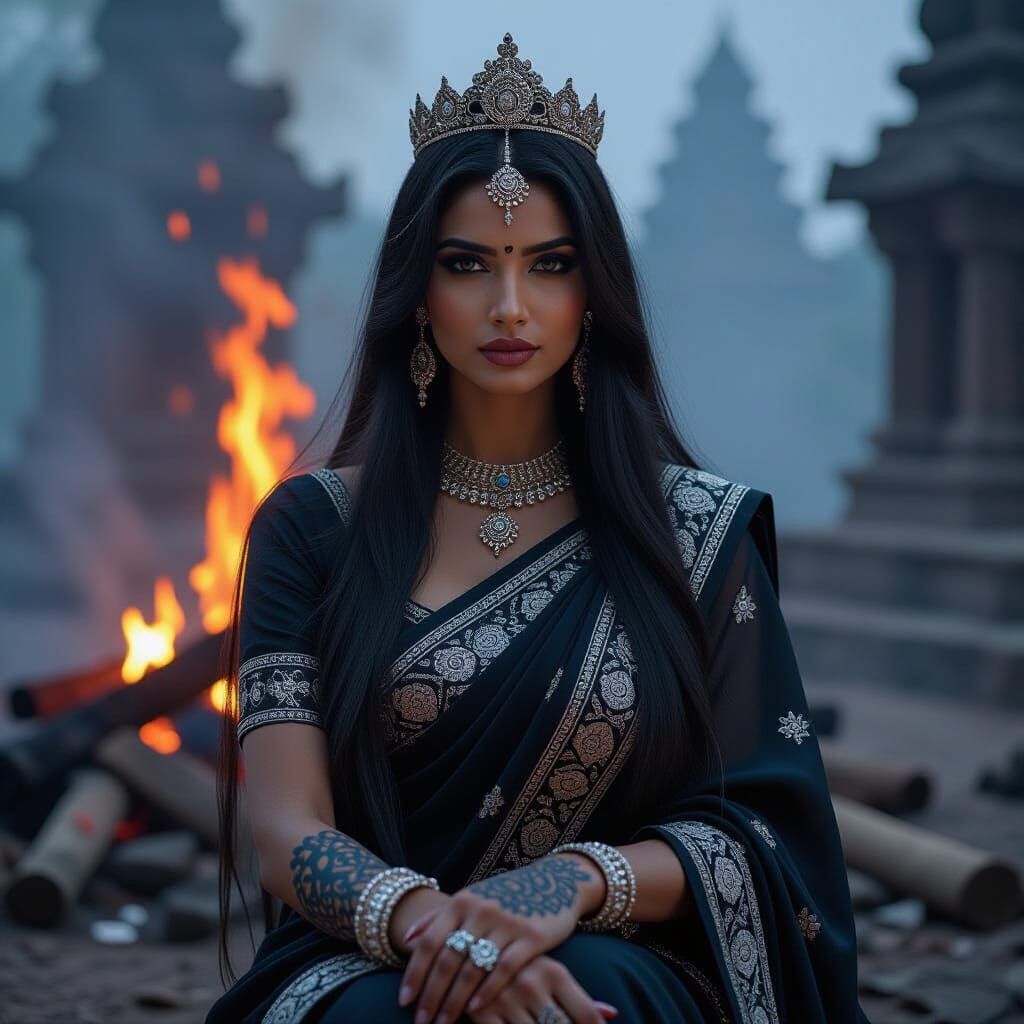 Hindu Goddess Dhumorna Poses Before Funeral Pyre