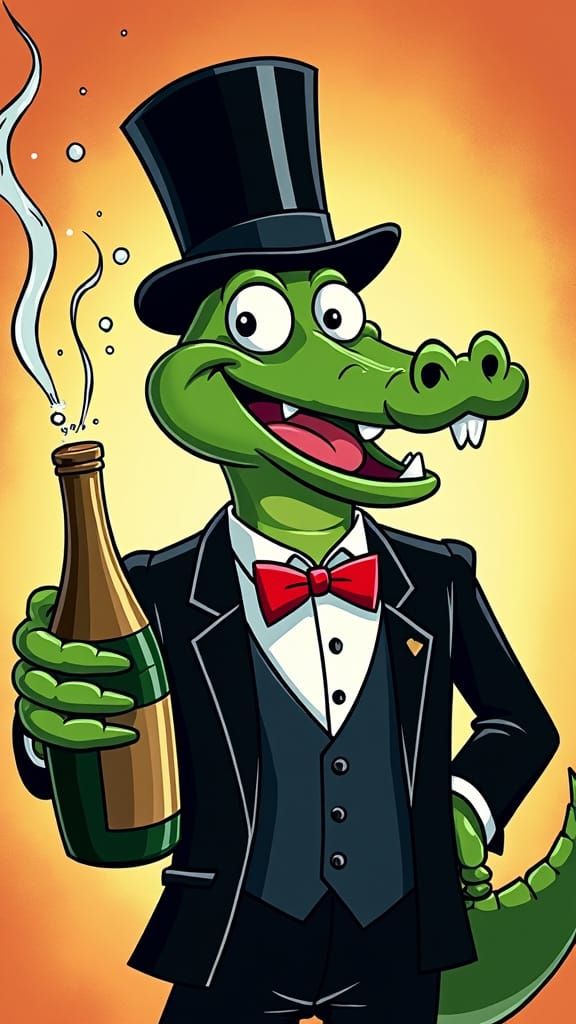 Alligator Celebrates with Champagne in Cartoon Network Style