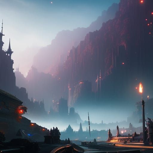 Steampunk Fantasy Town with Mechas in Epic Detail