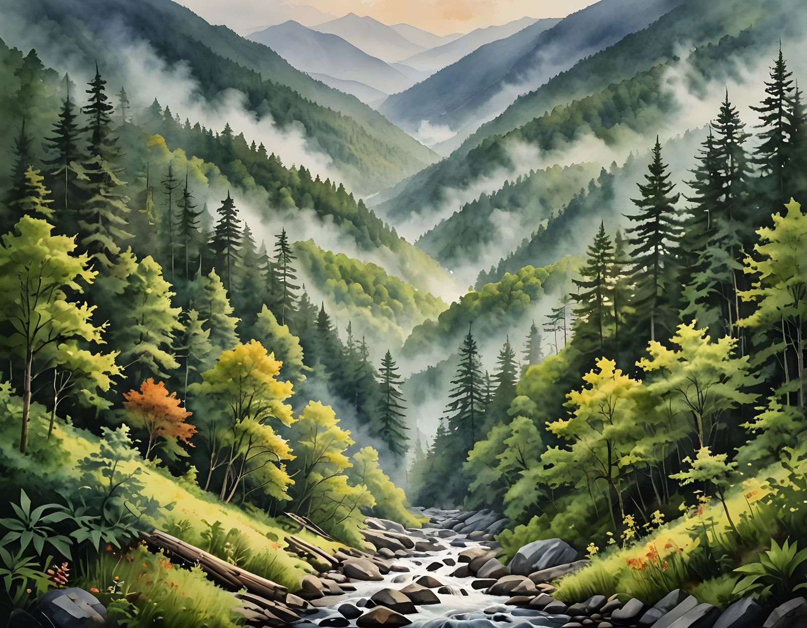 Smoky Mountains in Dreamy Romantic Watercolor