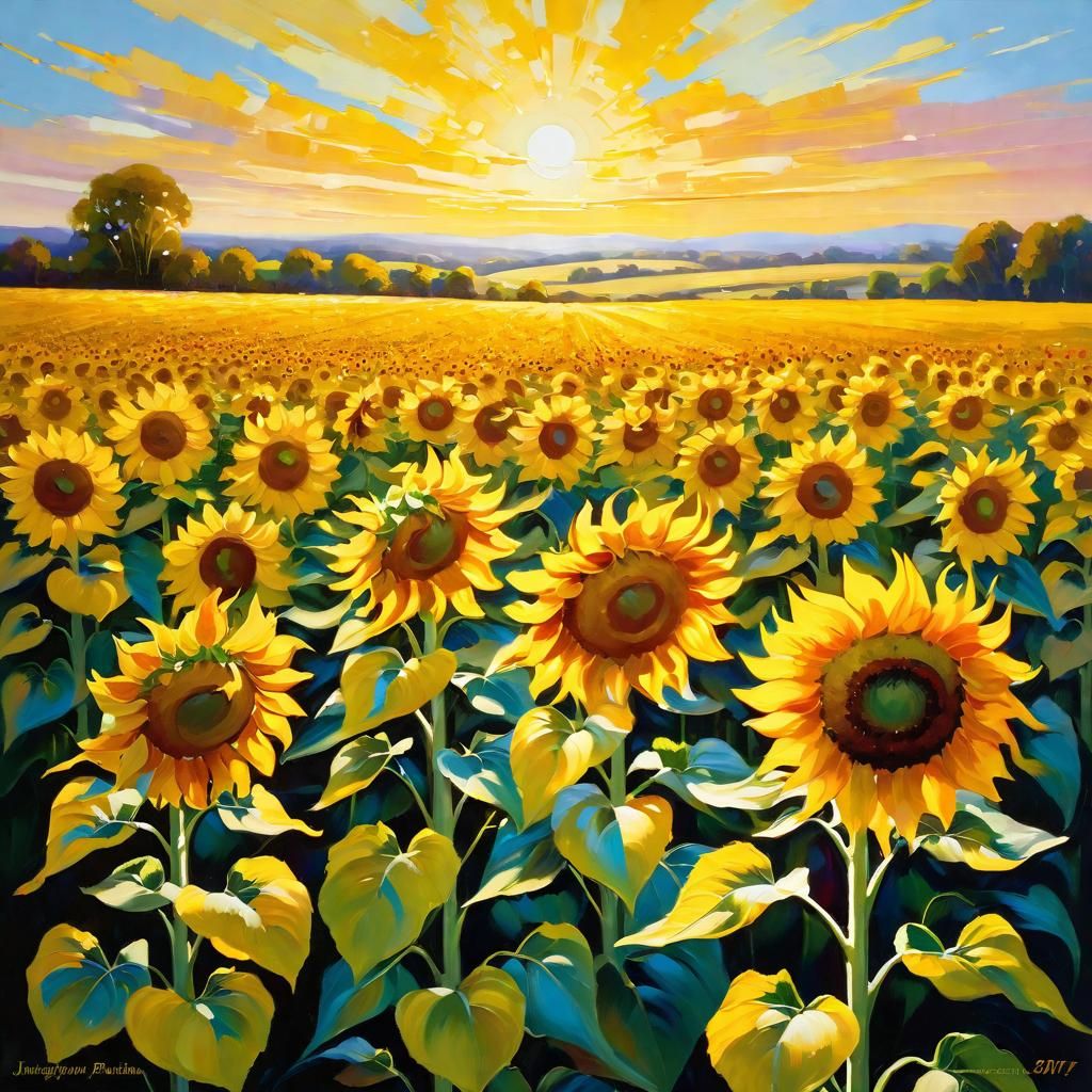 Golden Sunflowers Field at Sunset: Impressionist Painting