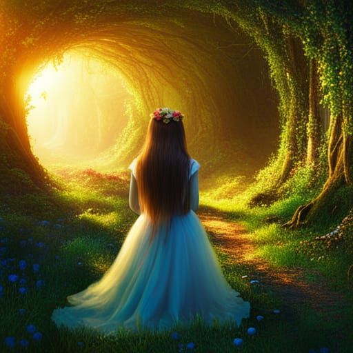Fairytale Girl in Mysterious Forest Tunnel