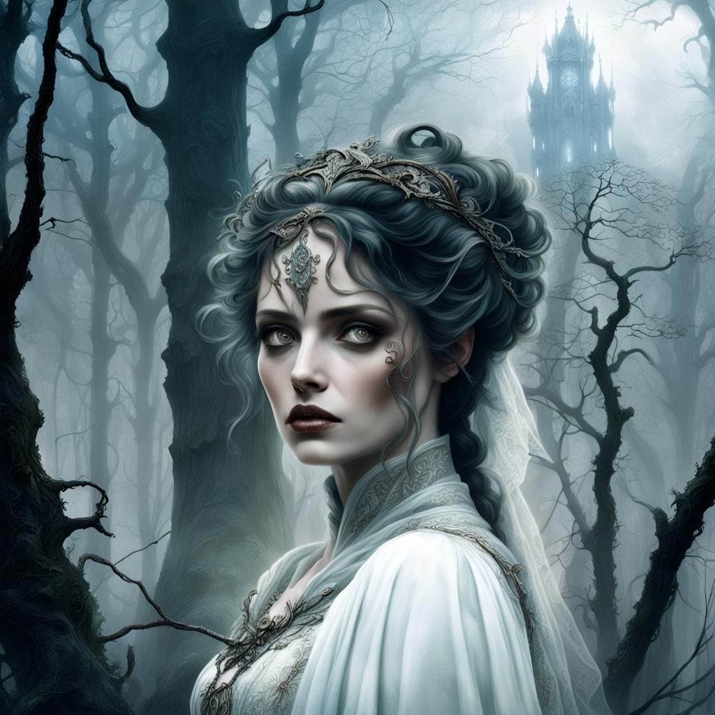 Countess in Misty Forest, Mucha and Royo Style