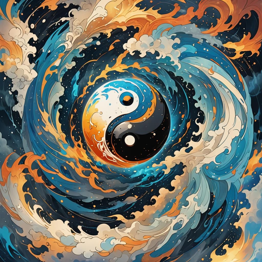 Yin-Yang Symbol in Anime Storm Digital Art