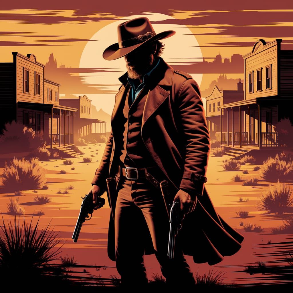Gunslinger at Desert Sunset in Dramatic Photograph Style