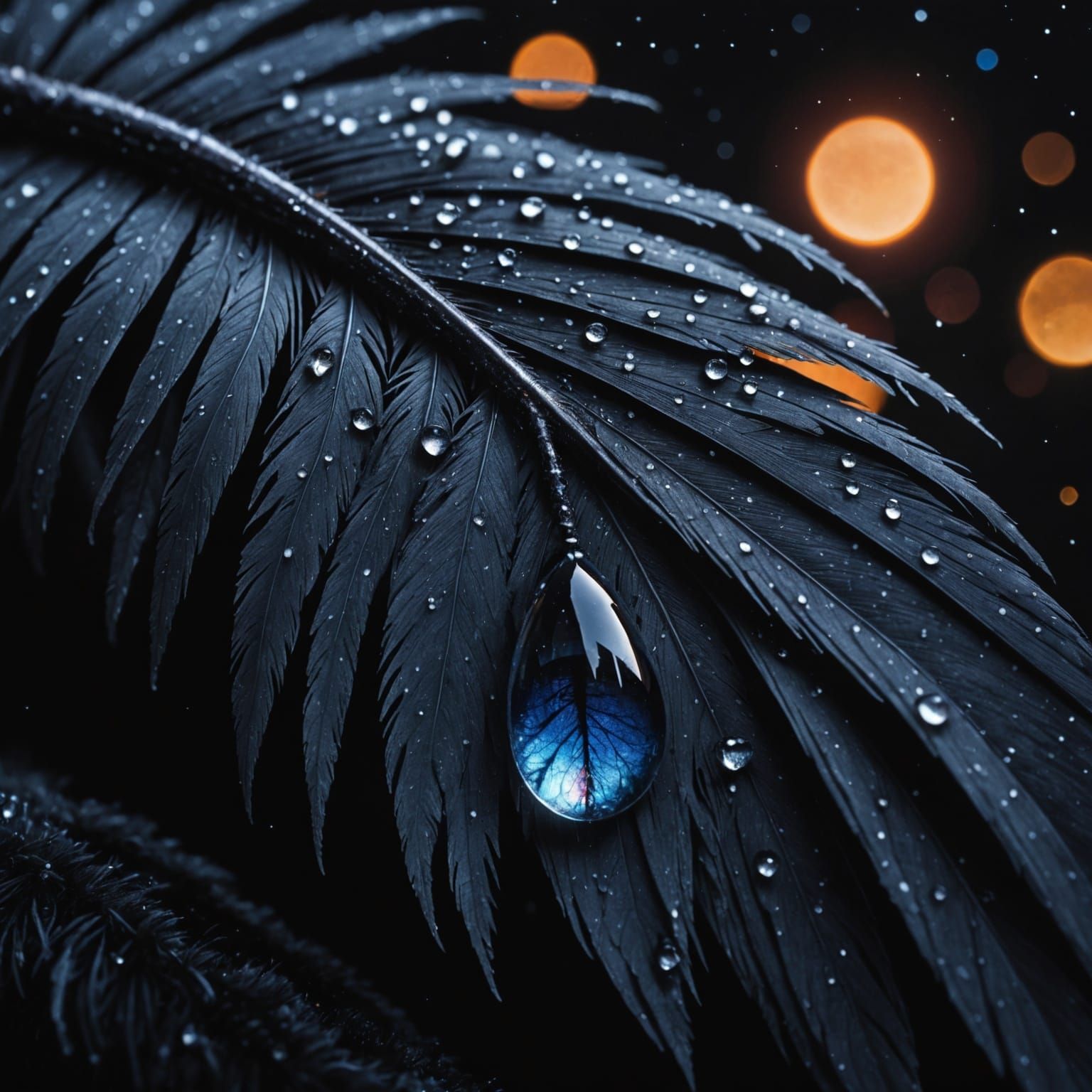 Cosmic Nebula Reflected in Dewdrop on Feather