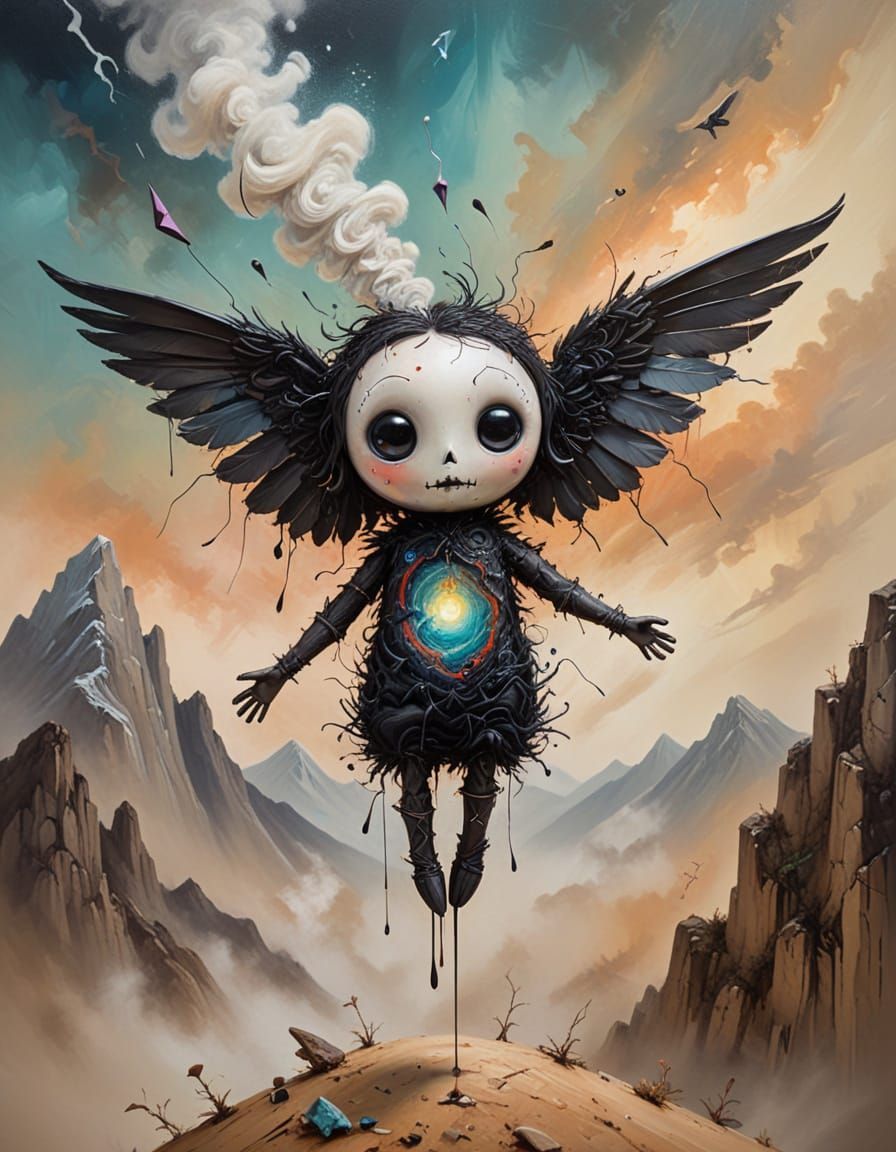 Whimsical Surreal Painting of a Vortex Doll with Alien Crow ...