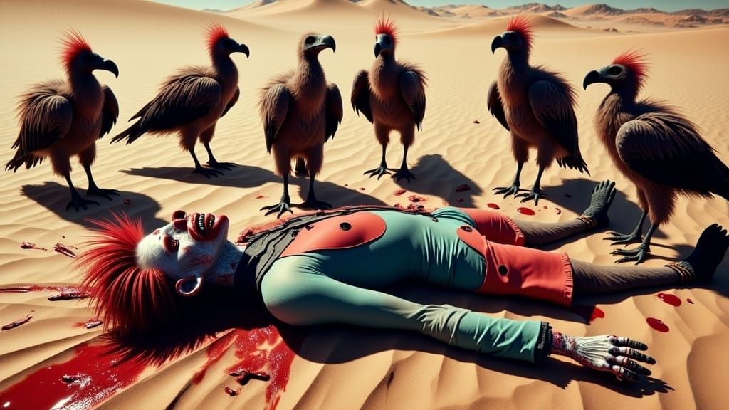Deceased Zombie Clown in Desert, Vultures Feast