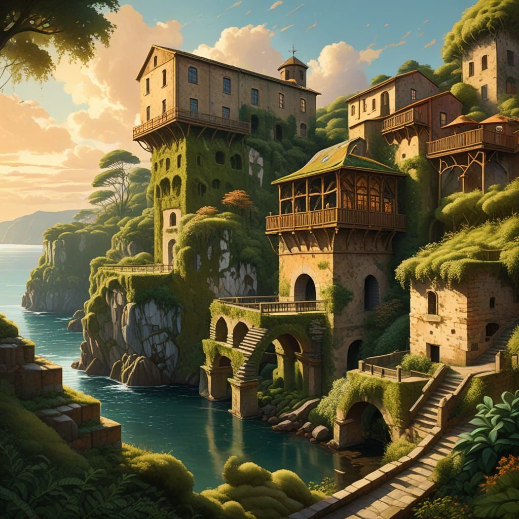 Moss-Covered Mills on Sorrento Coast in Impressionistic Styl...