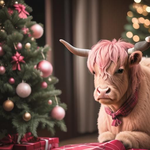 Highland Cow Beside Pink Christmas Tree