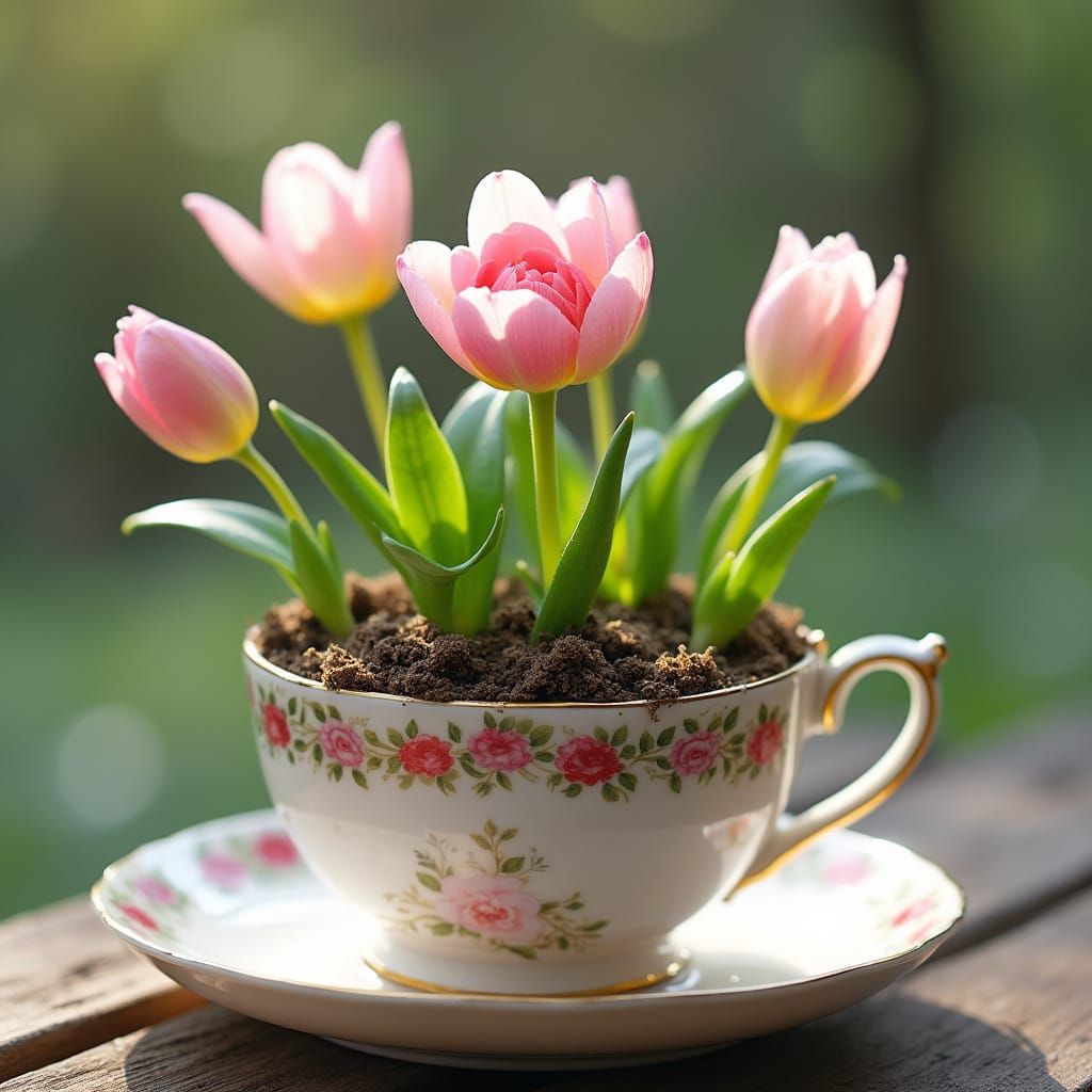 Whimsical Spring Scene in a Teacup