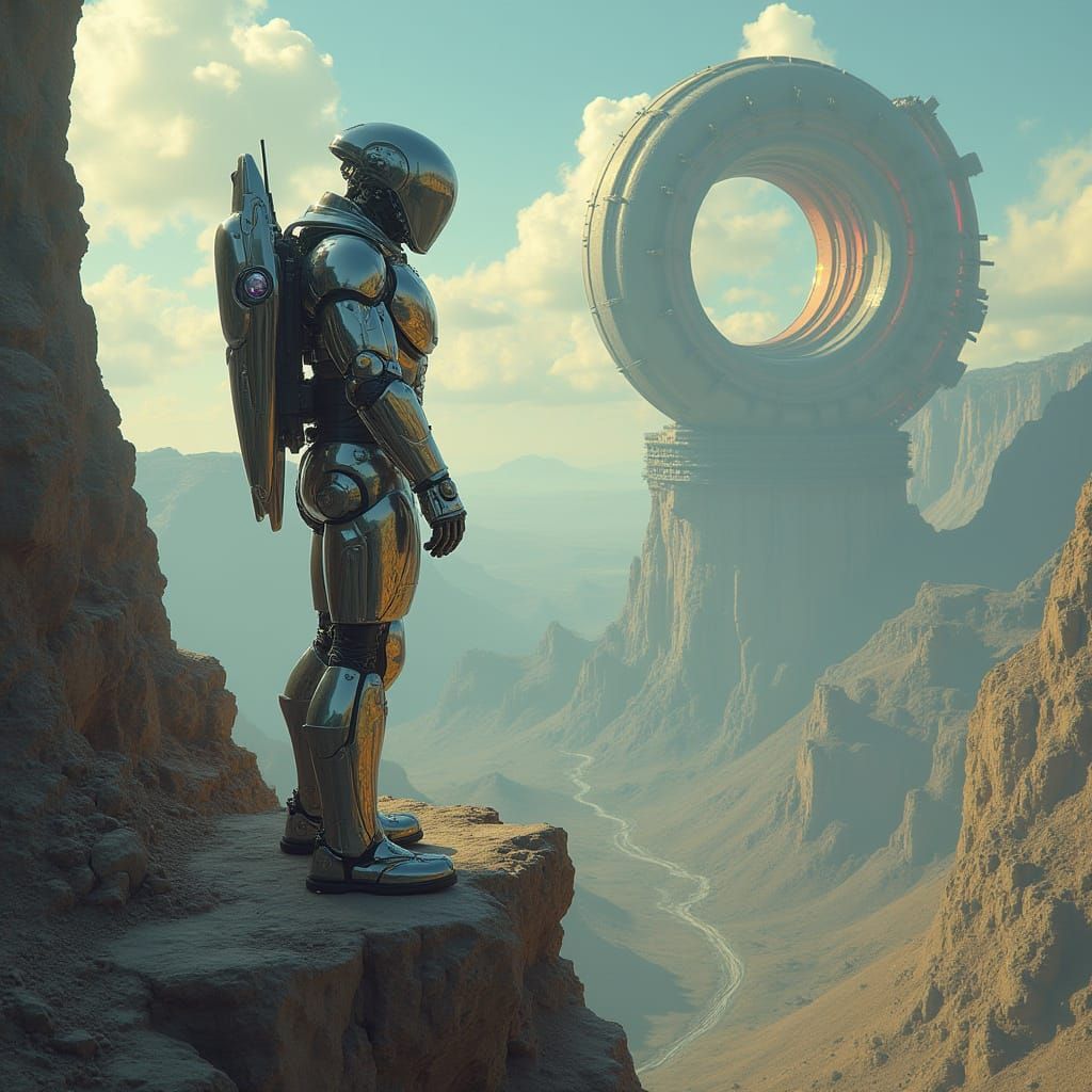 Android on Cliff Overlooking Ringed Gas Giant