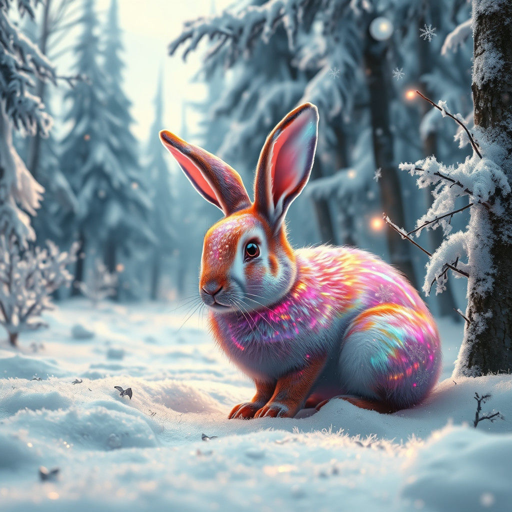 Iridescent Bunny in Crystalline Winter Forest