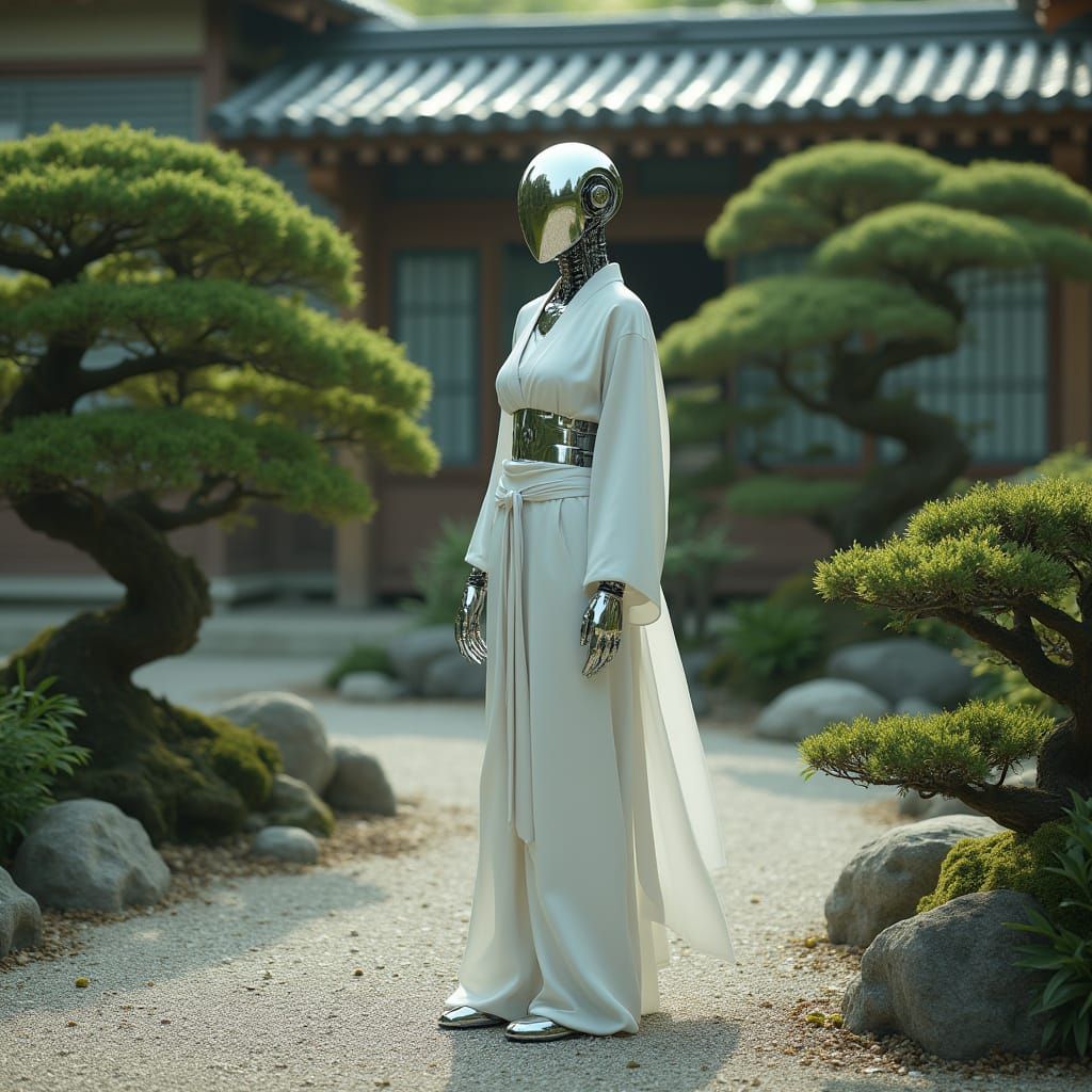 Cyborg Meditating in Zen Garden: Hyperrealistic Rendering