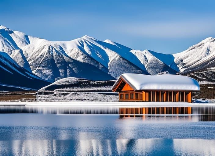 A luxurious modern house by a frozen lake with a snowy mountain in the background