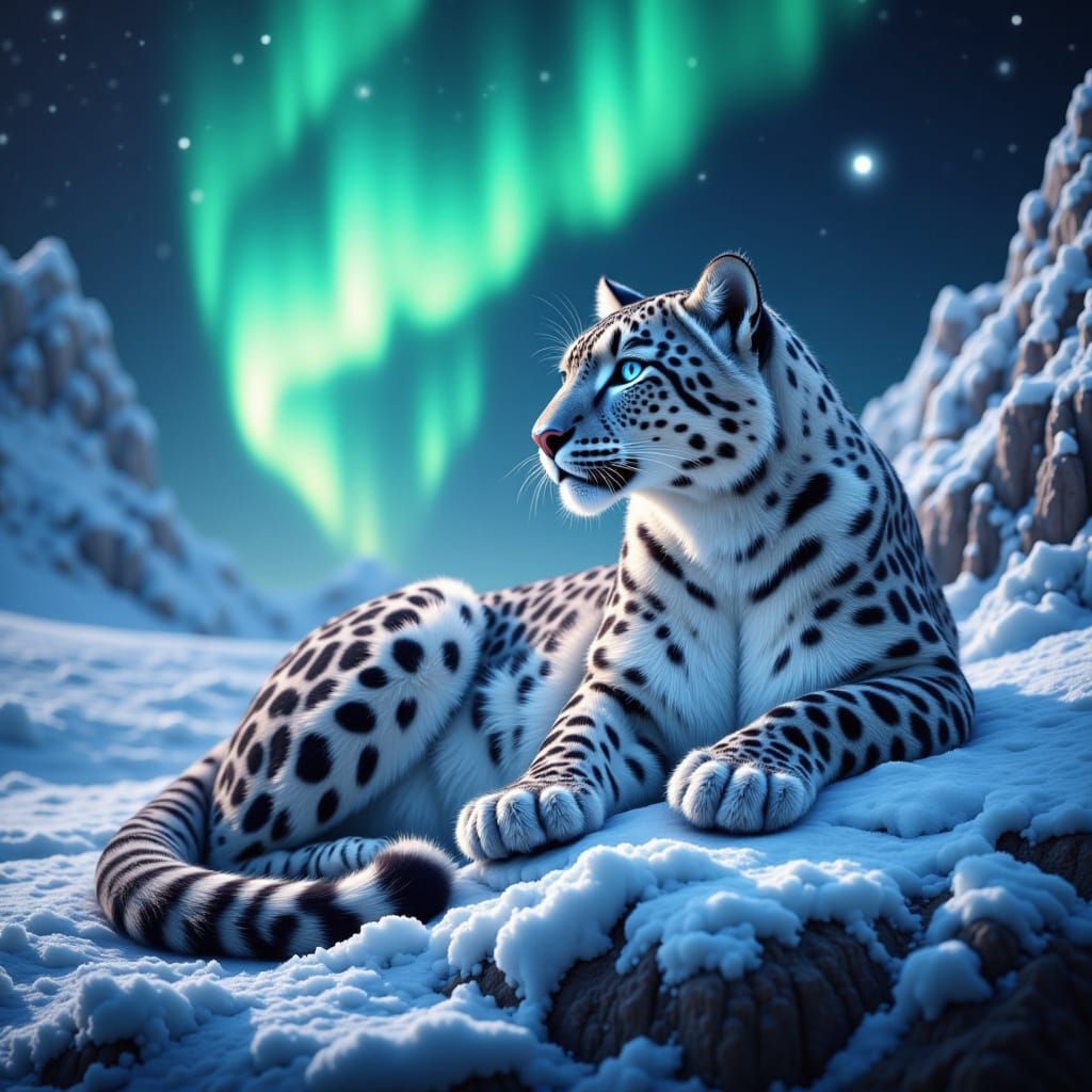 Snow Leopard Under Aurora Borealis