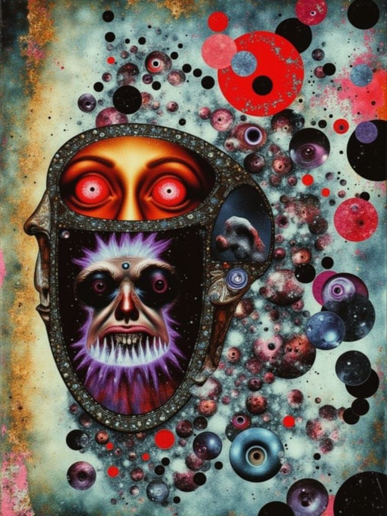 <lora:mix:1.0> <lora:Randomness:1.0> <lora:Glitched:1.0> A stylized, cosmic horror illustration in the style of Zdzisław...