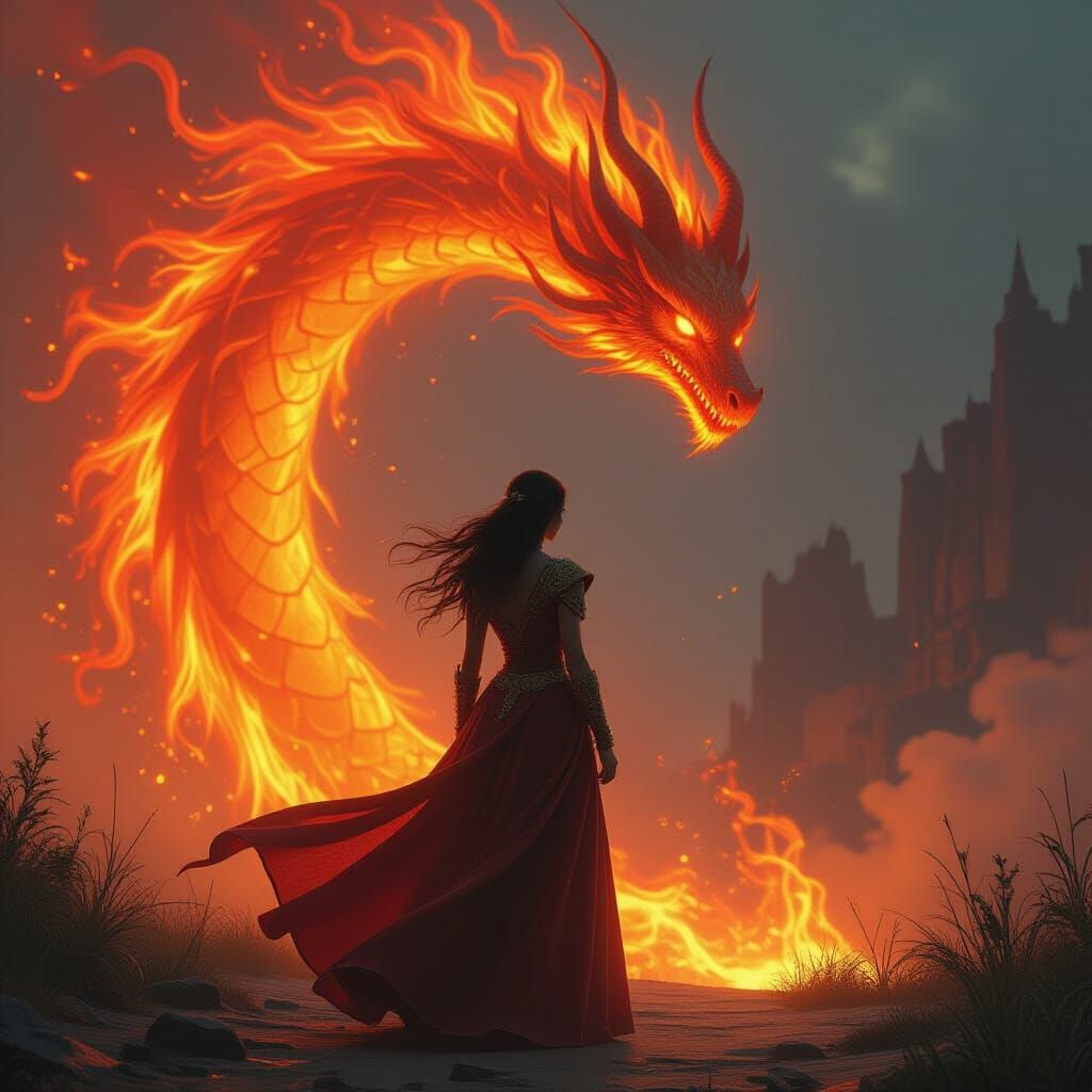 Woman Before Fire Whirlwind, Fantasy Concept Art