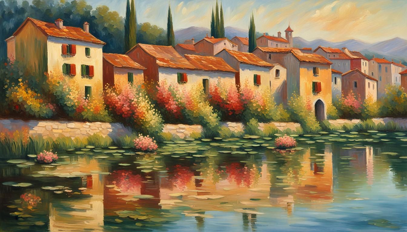 Italian Village Lake Reflects Impressionistic Sunset