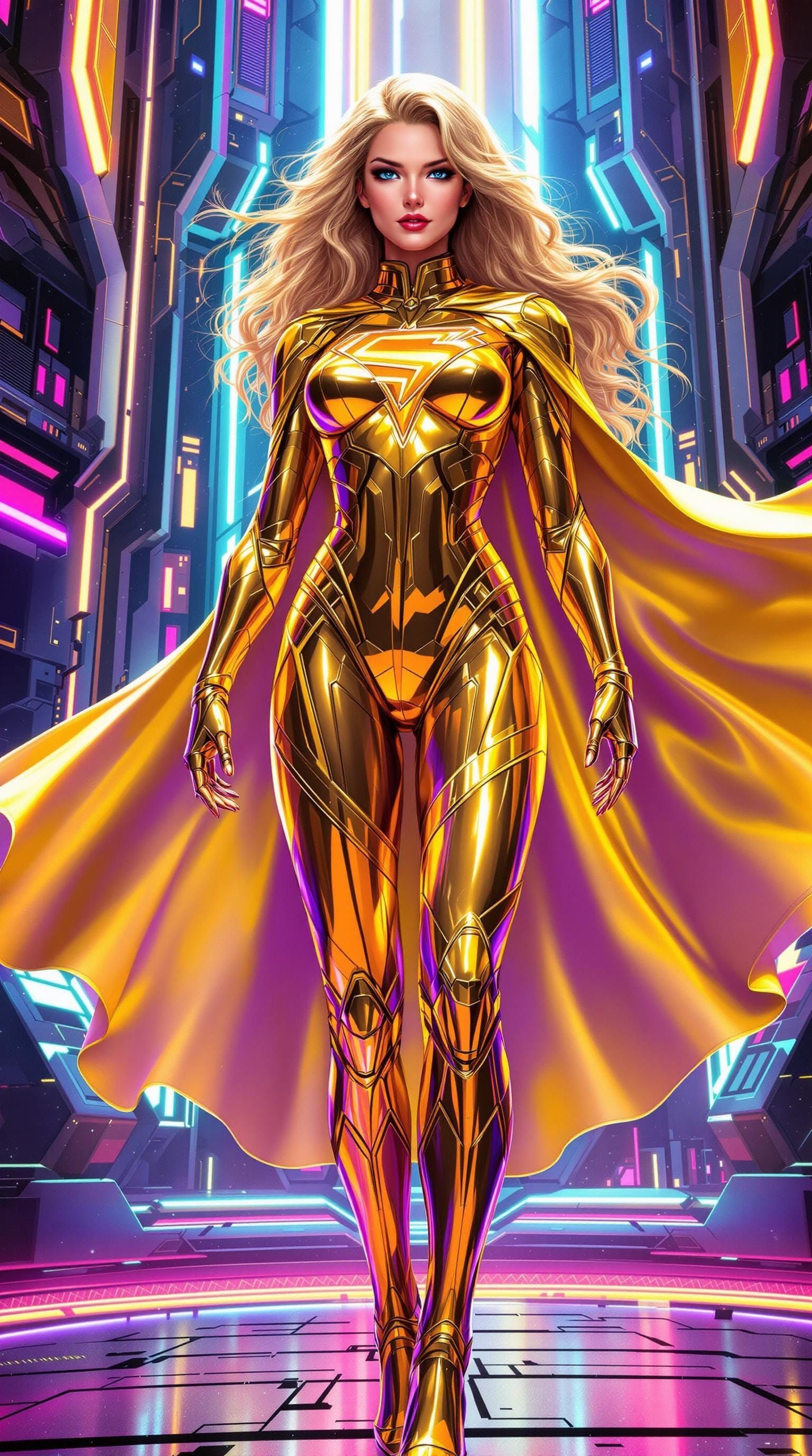 Retrofuture Golden Goddess of Hope in Futuristic Solitude Fo...