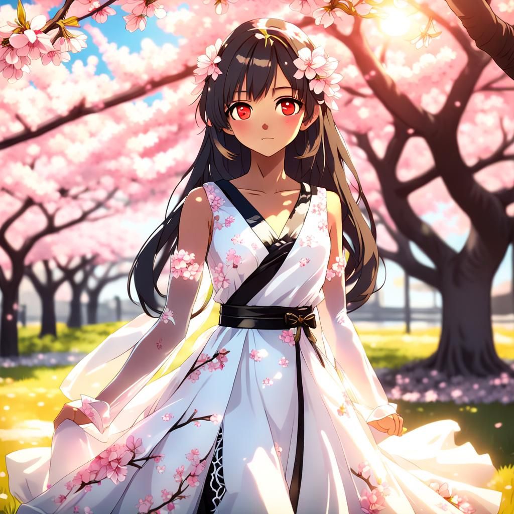 Anime Woman in Bridal Gown Under Cherry Blossom Tree