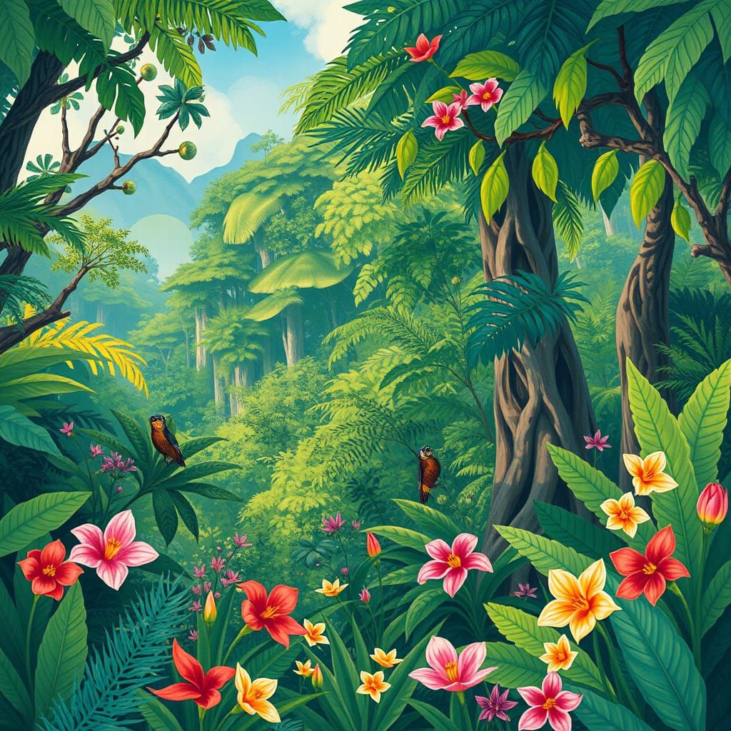 Costa Rican Cloud Forest in Candyland Gouache Style