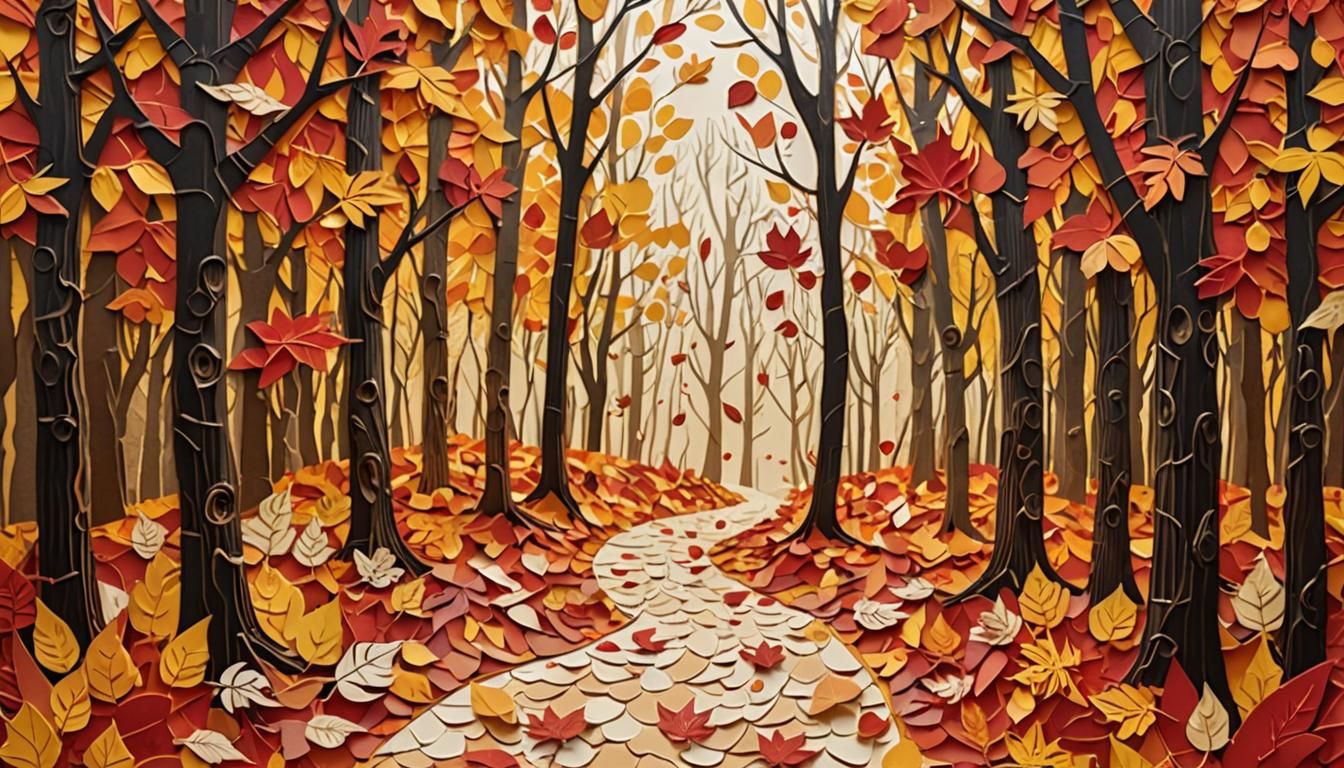 Autumn Forest Path in Vibrant Paper Collage Art