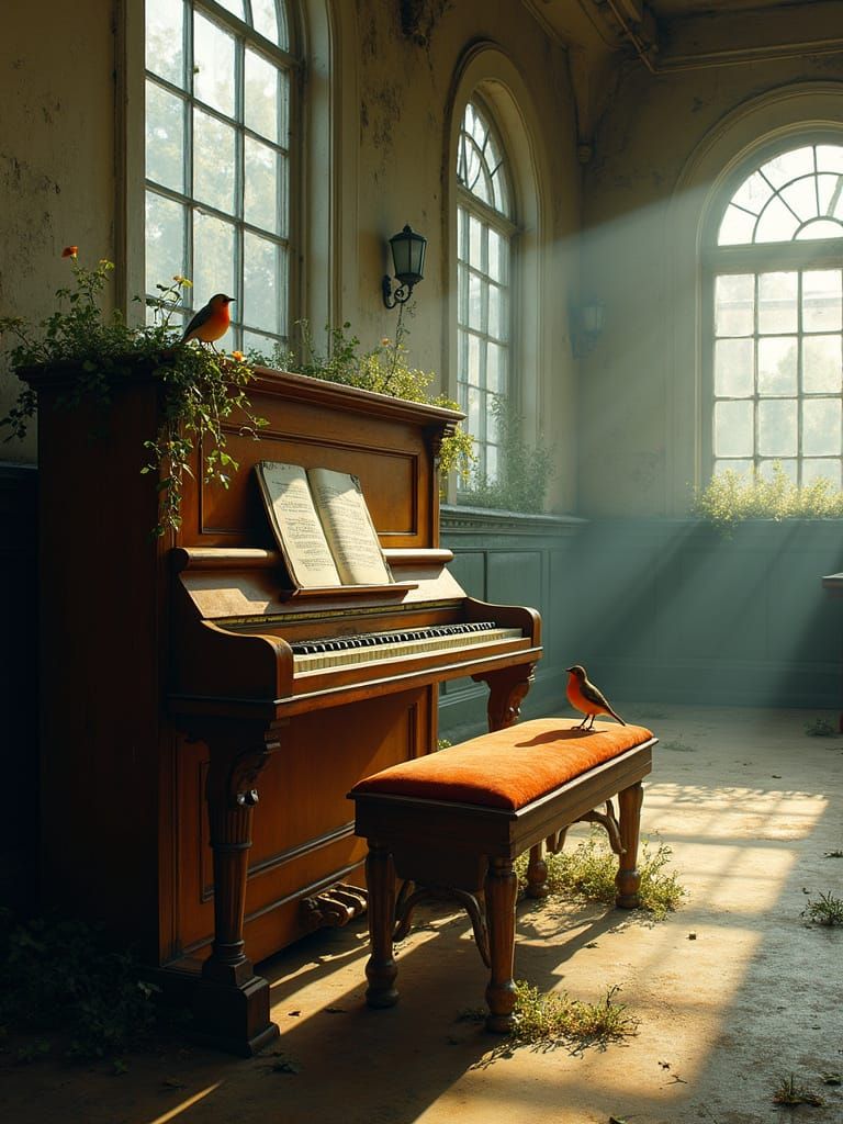 Vintage Piano in Abandoned Train Station, Overgrown with Ivy