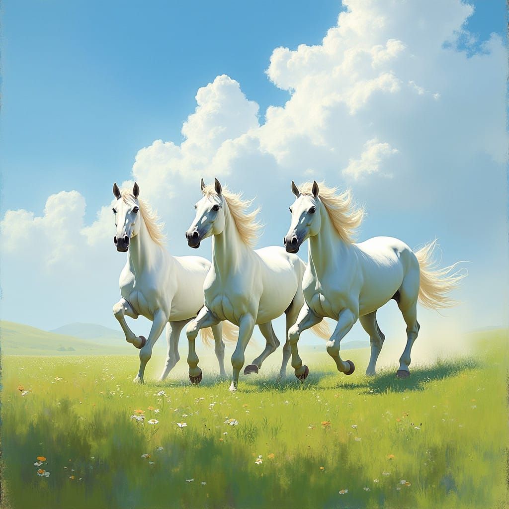 White Horses Galloping in Impressionist Meadow