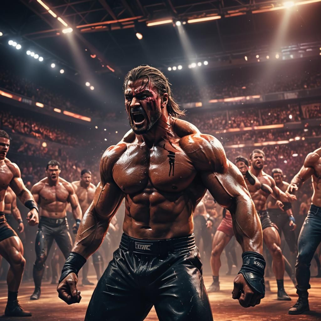 Muscular Wrestler in Crowded Arena: Hyper-Realistic Digital ...